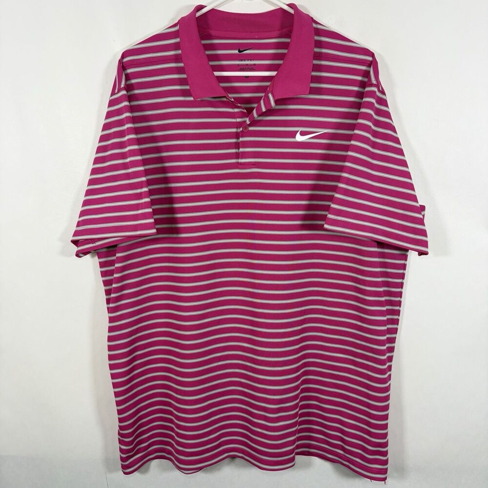 Nike Golf Polo Mens Size XL Pink Gray Striped Performance Short Sleeve Dri-Fit